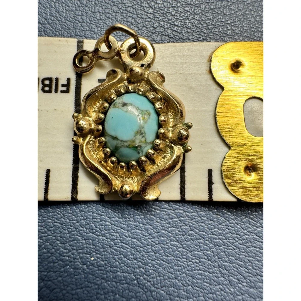 Vintage Bell Jewelry Gold Tone Turquoise Scrollwork Pendant Charm Figure 8